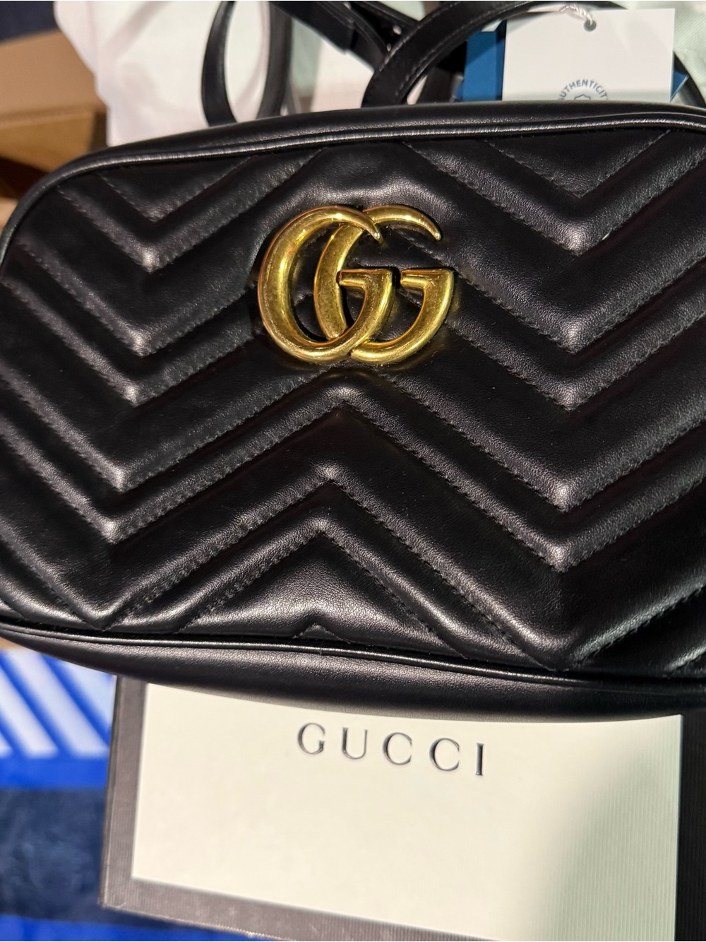 Gucci Black Chevron Leather Crossbody with Gold GG